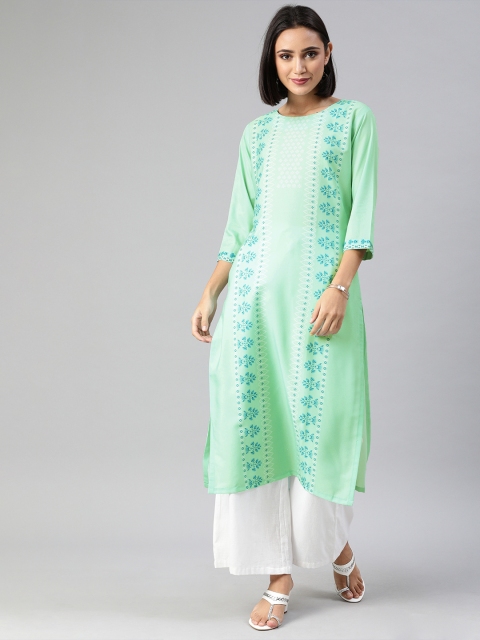 

AHIKA Women Sea Green & White Printed Straight Kurta