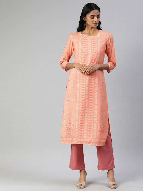 

AHIKA Women Peach-Coloured & Orange Printed Straight Kurta