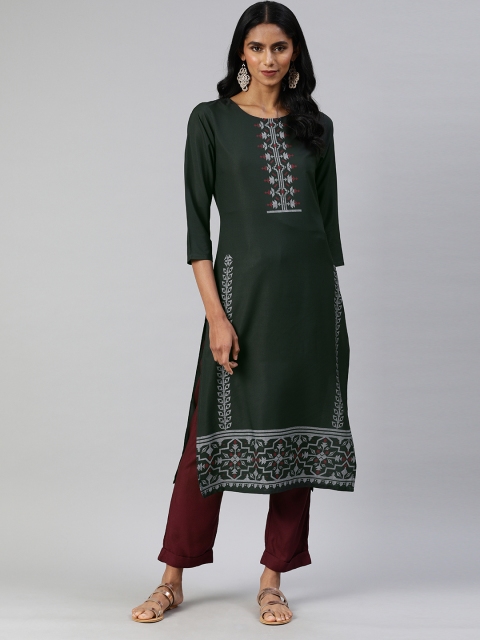 

AHIKA Women Green & Grey Printed Straight Kurta