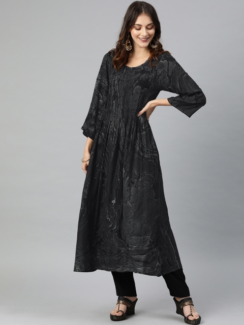 

AHIKA Women Black Abstract Printed Gathered A-Line Kurta