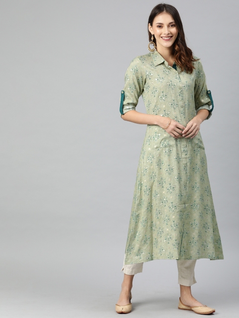 

AHIKA Women Green Printed Roll-Up Sleeve Straight Kurta