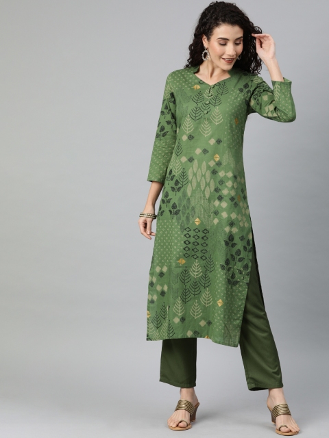 

AHIKA Women Olive Green Ethnic Printed Straight Kurta