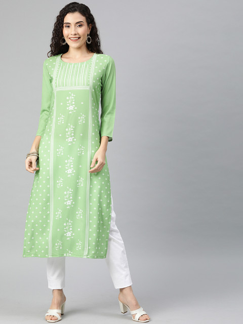 

AHIKA Women Green & White Printed Straight Kurta