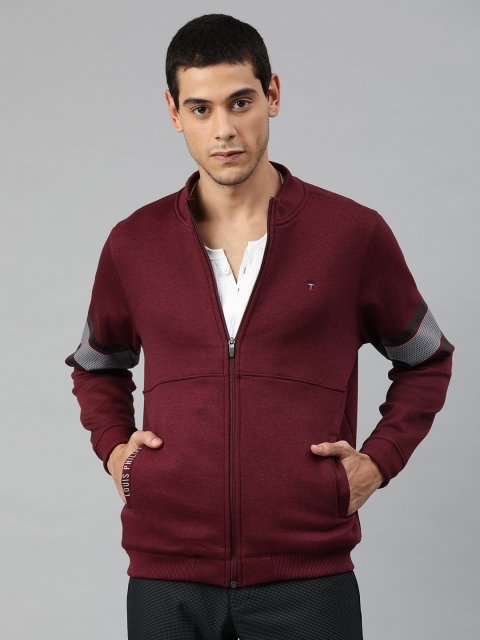 

Louis Philippe Sport Men Maroon Solid Front-Open Sweatshirt With Striped Detail