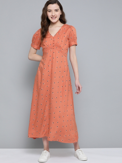 

Mast & Harbour Women EcoVero Peach-Coloured & Black Printed A-Line Dress