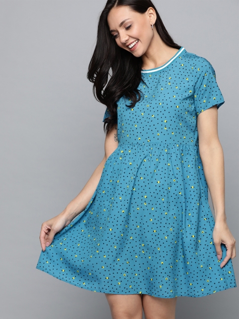 

Mast & Harbour Women Teal Blue & Black Polka Dots Printed A-Line Dress