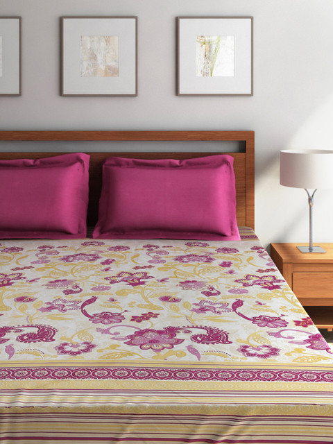 

House This White & Purple 180 TC Cotton Double Bedsheet with 2 Pillow Covers