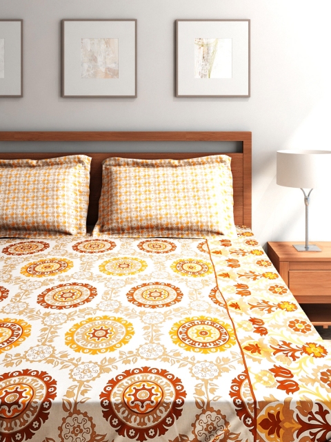 

House This Off-White & Brown 210 TC Cotton Double Bedsheet with 2 Pillow Covers