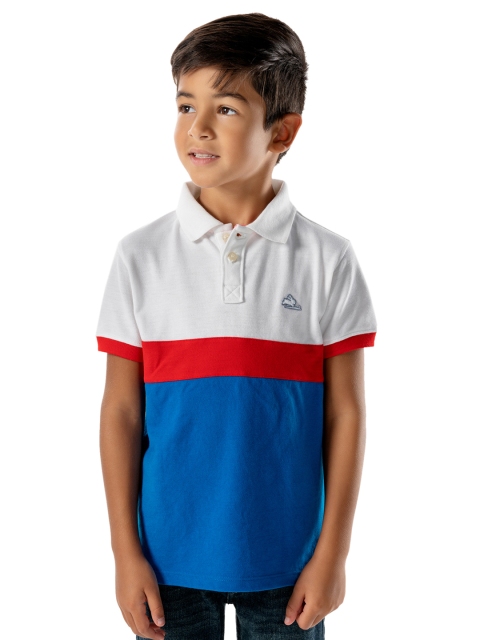 

Cherry Crumble Boys White & Blue Colourblocked Polo Collar T-shirt