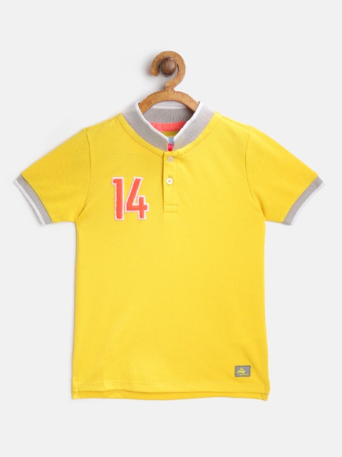 

Cherry Crumble Boys Yellow Solid Mandarin Collar T-shirt