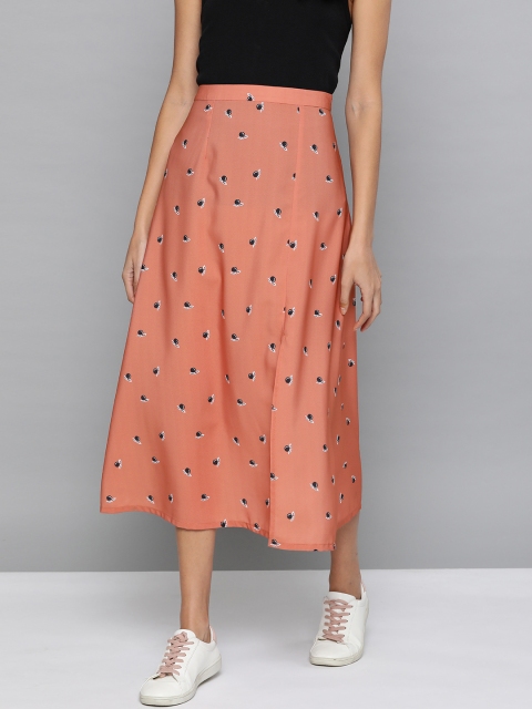 

Mast & Harbour Women Peach-Coloured & Black Printed A-line Midi Skirt
