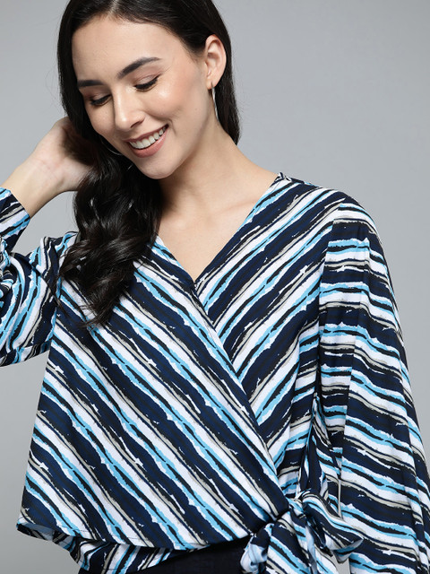 

Mast & Harbour Women Blue & White Striped Wrap Top