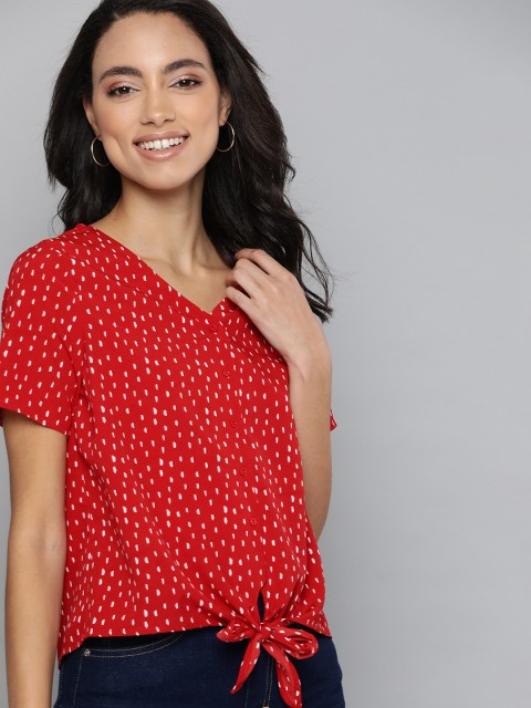 

Mast & Harbour Women Red Printed Shirt Style Top with Tie-up Detail