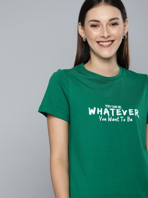 

Mast & Harbour Women Green Pure Cotton Typography Printed Round Neck T-shirt