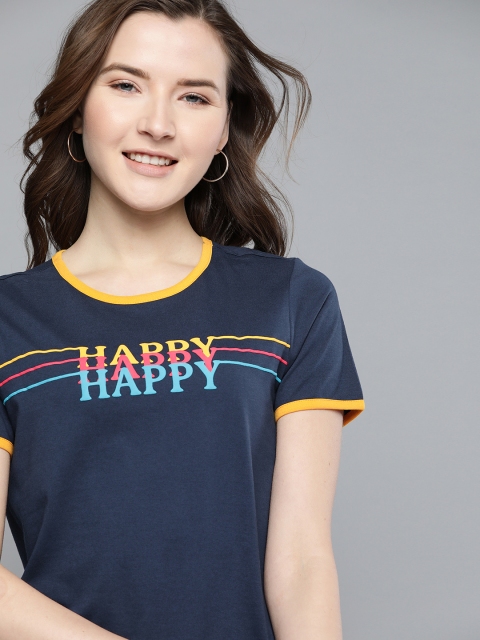 

Mast & Harbour Women Navy Blue Printed Pure Cotton Round Neck T-shirt