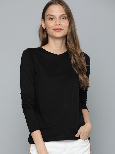 

Mast & Harbour Women Black Solid Knitted Round Neck T-shirt