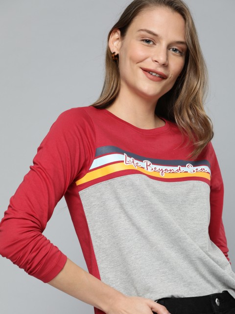 

Mast Harbour Women Grey Melange Red Colourblocked Round Neck Pure Cotton T-shirt