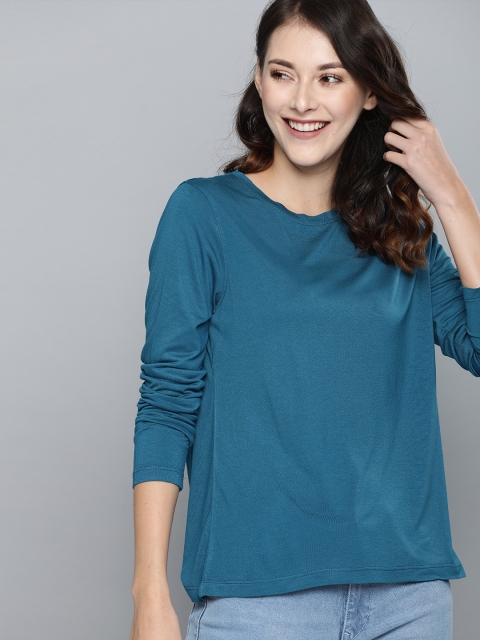 

Mast & Harbour Women Teal Blue Solid Relax Fit Round Neck T-shirt