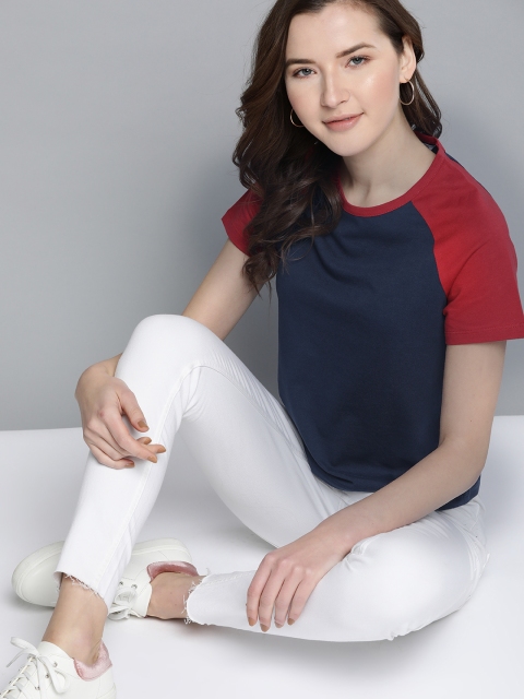 

Mast & Harbour Women Navy Blue & Red Solid Pure Cotton Round Neck T-shirt