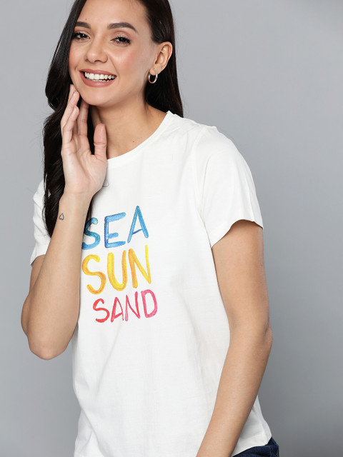 

Mast & Harbour Women Off-White & Blue Printed Round Neck T-shirt