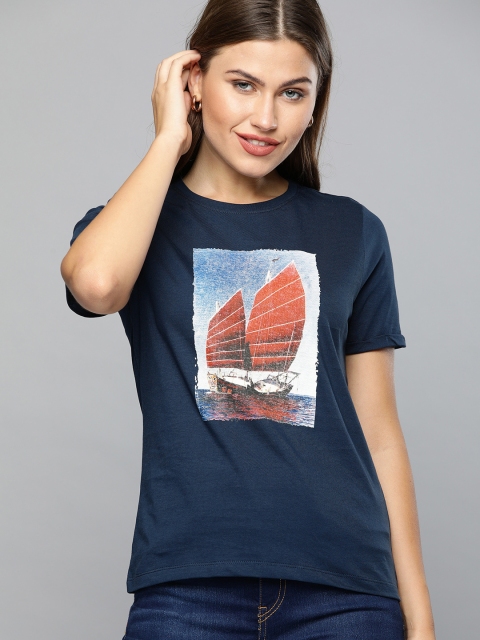 

Mast Harbour Women Navy Blue Printed Round Neck Pure Cotton T-shirt