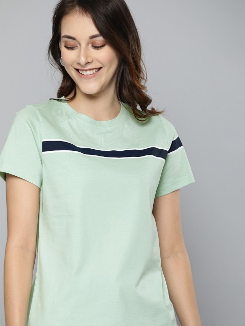 

Mast Harbour Women Green Navy Blue Striped Cotton Pure Cotton T-shirt