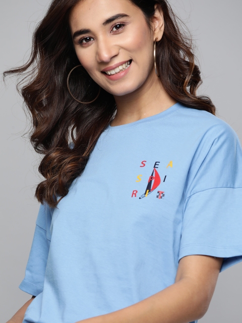 

Mast Harbour Women Blue Solid Round Neck Pure Cotton T-shirt