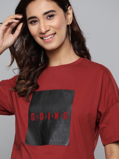 

Mast Harbour Women Maroon Printed Round Neck Pure Cotton T-shirt