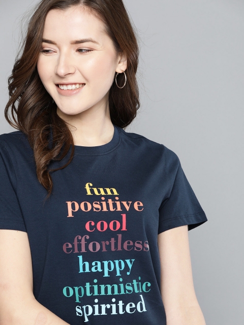 

Mast & Harbour Women Navy Blue Printed Pure Cotton Round Neck T-shirt