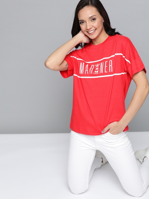 

Mast & Harbour Women Red & White Relaxed Fit Printed Round Neck T-shirt