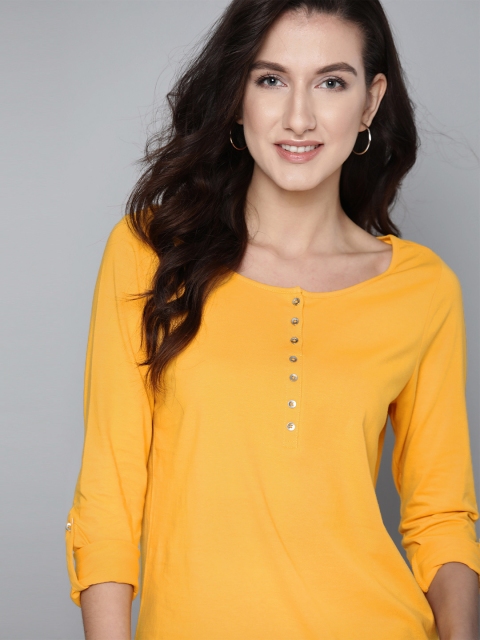 

Mast & Harbour Women Yellow Pure Cotton Solid T-shirt