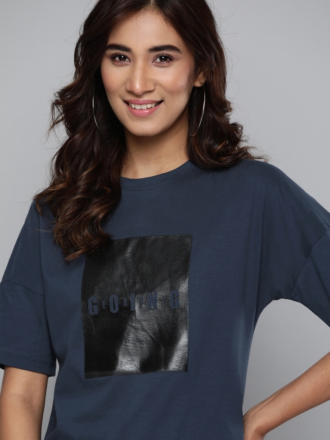 

Mast Harbour Women Navy Blue Printed Round Neck Pure Cotton T-shirt