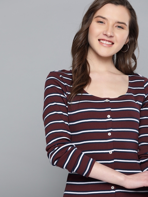 

Mast & Harbour Women Maroon & Navy Blue Pure Cotton Striped Top