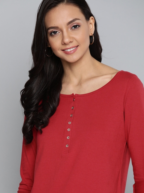 

Mast Harbour Women Red Solid Cotton Henley Neck Pure Cotton T-shirt