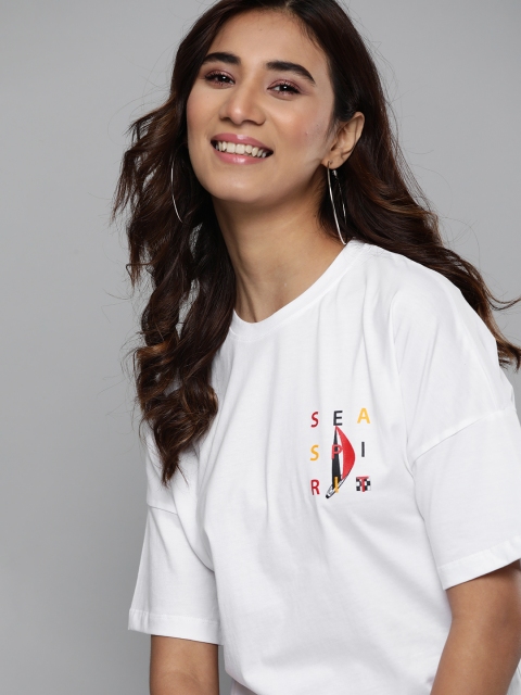 

Mast & Harbour Women White Solid Pure Cotton Round Neck T-shirt