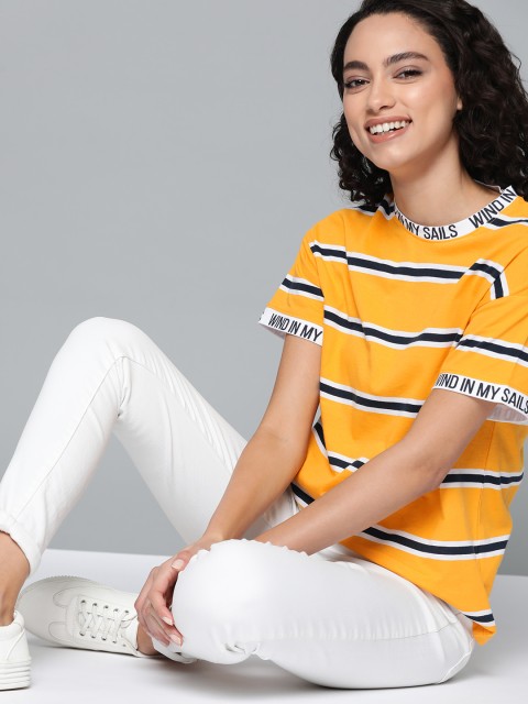 

Mast & Harbour Women Yellow & Navy Blue Striped Round Neck T-shirt