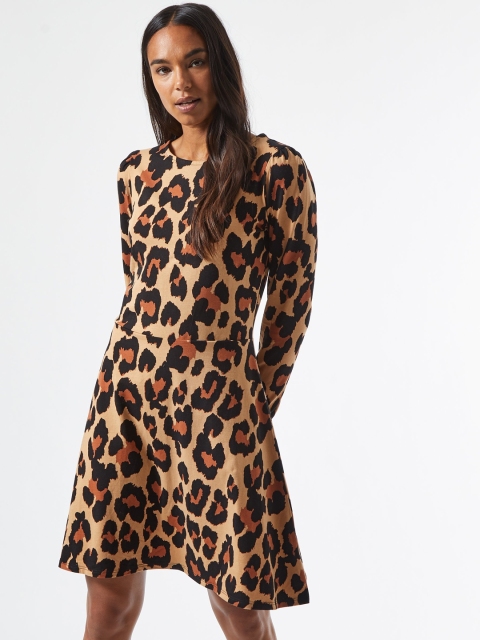 

DOROTHY PERKINS Women Beige & Brown Organic Cotton Leopard A-Line Dress