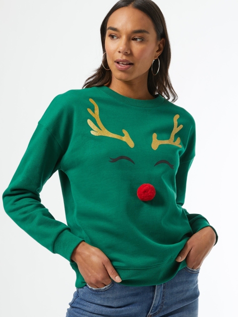 

DOROTHY PERKINS Women Green & Golden Reindeer Printed Sweatshirt