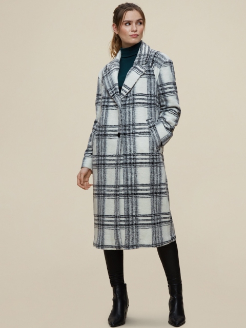 

DOROTHY PERKINS Women White & Black Checked Longline Overcoat