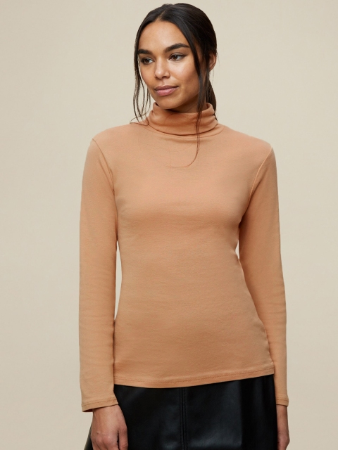 

DOROTHY PERKINS Women Beige Organic Cotton Solid Turtle Neck T-shirt