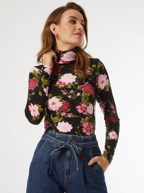 

DOROTHY PERKINS Women Black & Pink Floral Print Fitted Top