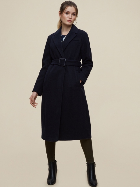 

DOROTHY PERKINS Women Navy Solid Longline Wrap Coat, Navy blue