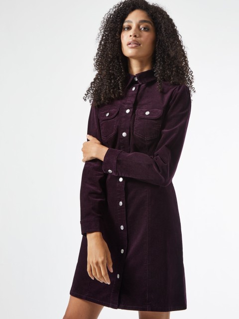 

DOROTHY PERKINS Women Aubergine Corduroy Solid Shirt Dress, Purple