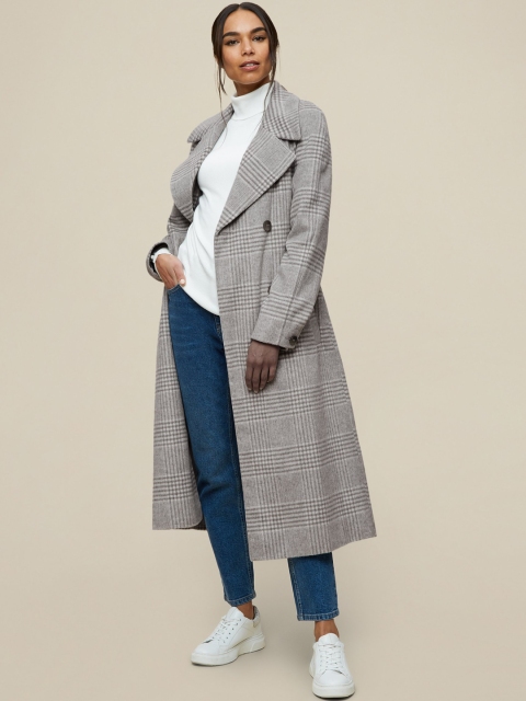 

DOROTHY PERKINS Women White & Grey Checked Longline Trench Coat