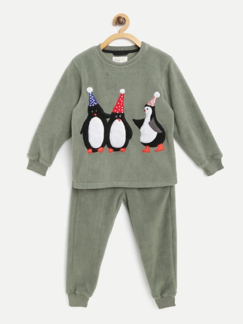 

Cherry Crumble Boys Olive Green & Black Penguin Applique Winter Nightsuit