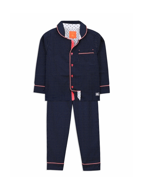 

Cherry Crumble Boys Navy Blue & White Polka Dot Printed Night Suit