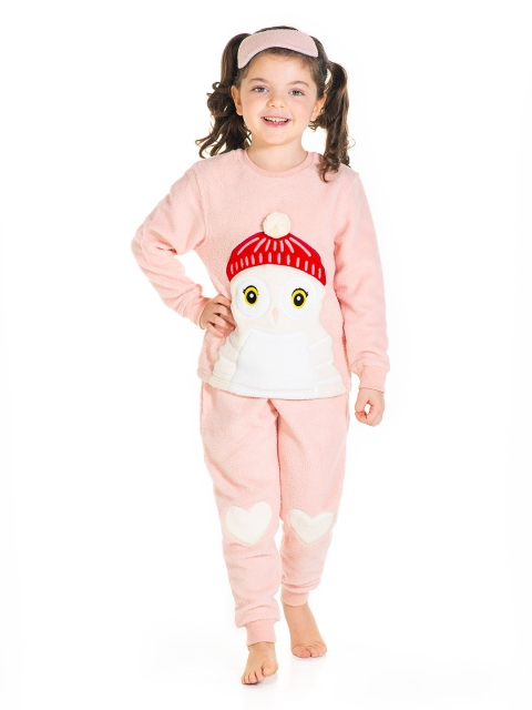 

Cherry Crumble Girls Peach & White Solid Winter Nightsuit With Eye Mask