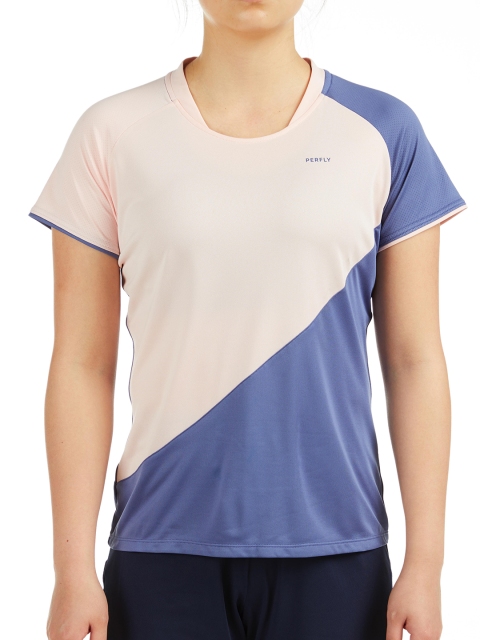 

PERFLY By Decathlon Women Pink & Blue Colourblocked Mandarin Collar T-shirt