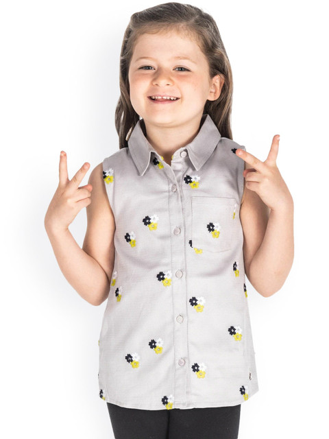 

Cherry Crumble Girls Grey Printed Shirt Style Top