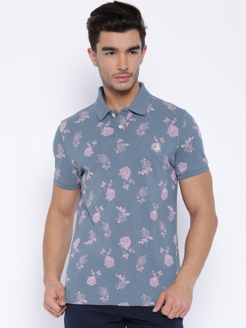 

BAY ISLAND Blue Floral Print Polo T-shirt